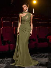 Glamrae Elegant Brown High-Stretch Mesh Asymmetric Shoulder Maxi Dress,Metal 3D Floral Decor,Front Ruching,Draped Side Panels,Fishtail Hem Formal Gown - Olive Green - View 7