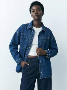 Maija Women's Dark Blue Denim Jacket With Studded Shirt,Oversized Shirts In Y2K Style - Medium Wash - View 4