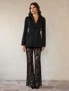 SHEIN Tall 女士优雅宽松双排扣长袖西装外套和喇叭蕾丝裤套装，春秋季黑色套装 - 黑色 - 查看 7