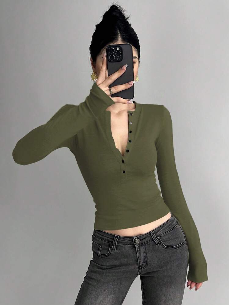 Women's Half-Zip Long Sleeve Bodycon T-Shirt Y2k