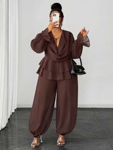 Maweii 优雅性感深V领透视露背长袖上衣搭配九分裤套装，高端精致设计，棕色，适合春、夏、秋季、度假穿着，大码尺码 - 棕色 - 查看 3