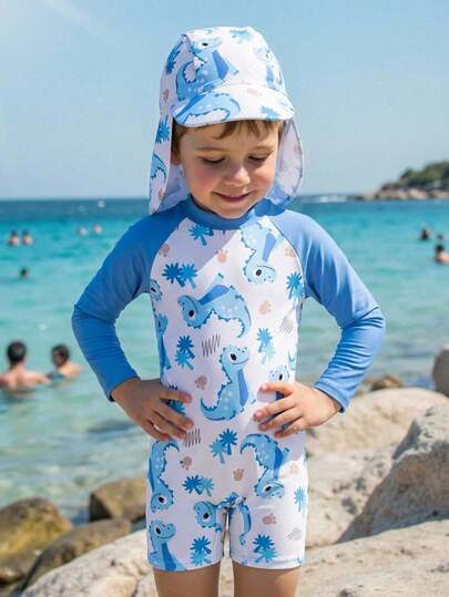SHEIN Young Boy Cartoon Dinosaur Print Raglan Sleeve One-Piece Swimsuit With Shorts