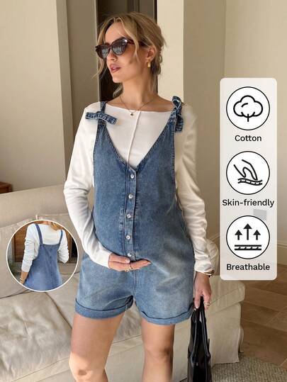 SHEIN Pregnant Women's Button Casual Versatile Daily Wear Denim Bib Shorts Valentine's Day Vacation Outfits Women Carnaval Summer Spring Commuting Graduation Chic Y2k Cute Streetwear Party Wedding Elegant Business Casual Woman
