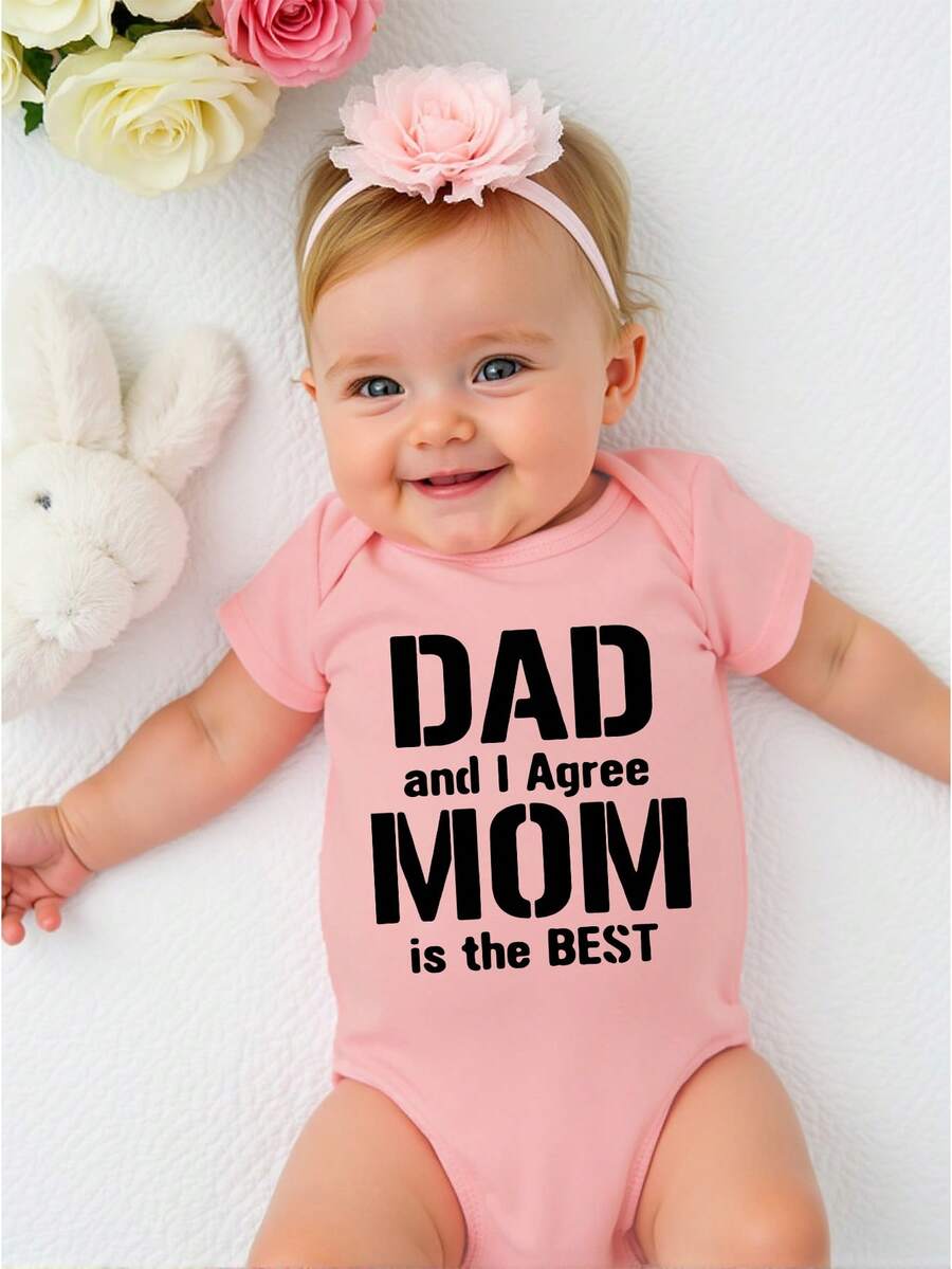 女婴休闲可爱标语印花连体衣，粉色圆领连体衣，适合春夏穿着 - 粉色 - 查看 1