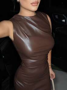 Dayanna Comas PU 皮革女士棕色连衣裙，鸡尾酒会生日礼服，冬季秋季优雅派对礼服，正式礼服，晚礼服别致婚礼，外出装 - 棕色 - 查看 5