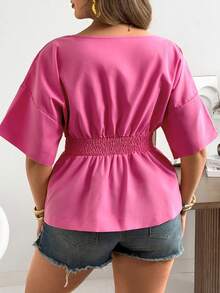 Ceyna Blusa de mujer talla grande de unicolor con cuello redondo, cintura ceñida y mangas cortas de hombros caídos - Rosa - Ver 2