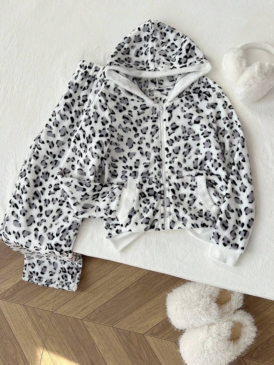 Elamini Women's Autumn/Winter Fashion Leopard Print Thermal Lined Zip-Up Hoodie And Drawstring Flare Pants 2-Piece Set, Casual Sporty Versatile - Black and White - View 1