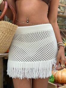 Sunnyshic 女士白色紧身迷你裙，夏季性感流苏镂空休闲百搭裙 - 杏色 - 查看 6