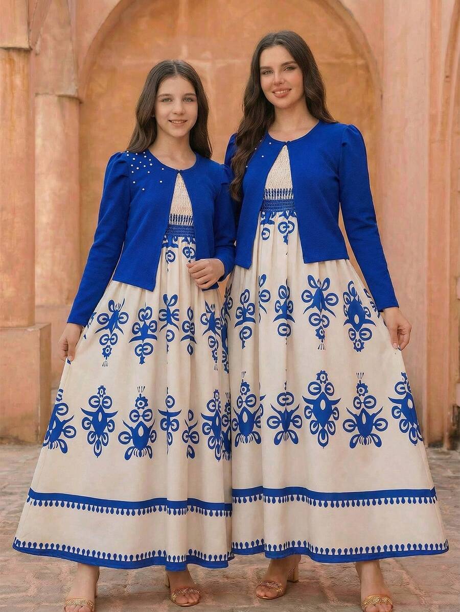 2pcs/Set Teen Girl Traditional Arab Outfit, Geometric Floral Print Elegant Spaghetti Strap Maxi Dress & Cropped Knit Bubble Sleeve Jacket, Suitable For Spring, Autumn, Summer - Multicolor - View 1