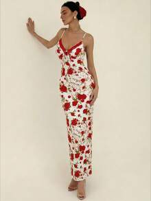 Aloruh Damen Valentinstag Spitze Patchwork Rose Muster Kleid - Rot - Übersicht 6