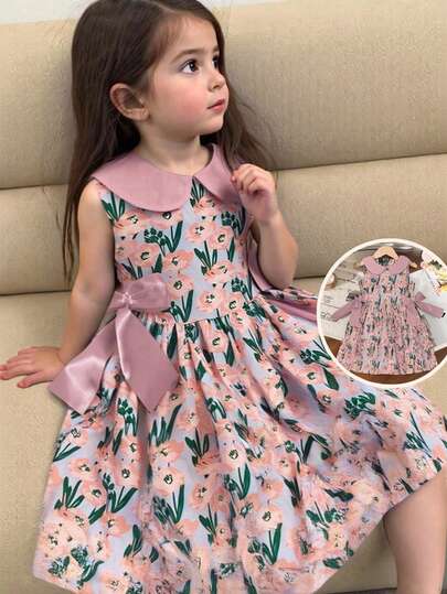 Vestido sin mangas de unicolor con estampado floral y cuello de muñeca para niña casual