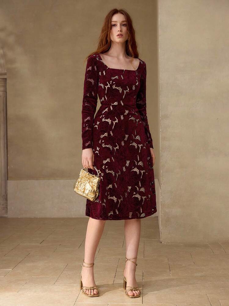 WOMEN'S VELVET EMBROIDERED LASER CUT SQUARE NECK DRESS
