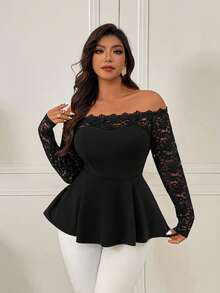 Femmeverse 大码女式露肩蕾丝边拼接纯色针织衫 - 黑色 - 查看 6