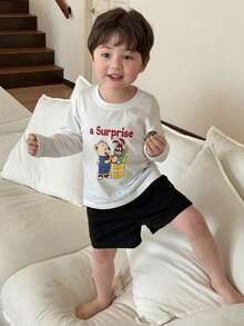 DAZY 2pcs Toddler Boys' Cartoon Print Long Sleeve T-Shirt And Shorts Pajama Set