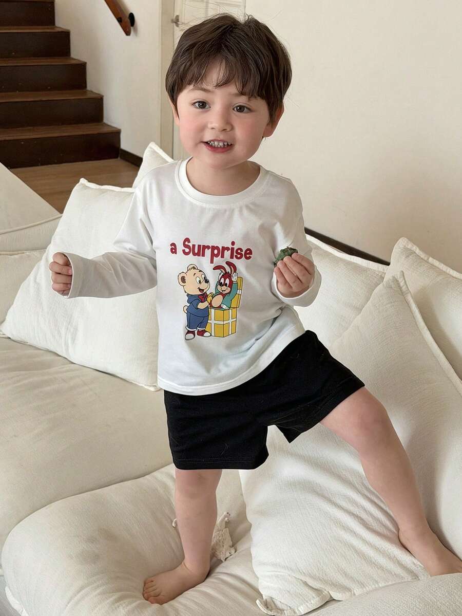 DAZY 两件套幼儿男童卡通印花长袖T恤和短裤睡衣套装