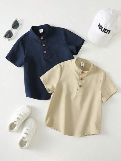 SHEIN 2pcs Young Boys Casual College Style Stand Collar Half-Button Short Sleeve Shirts, Suitable For Outings, Daily Wear, School, Linen Fabric, Spring/Summer