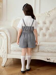 Elladie kids Set de 3 piezas para niñas jóvenes: Camisa de solapa de verano nueva, Camiseta sin mangas de manga corta y abierta por delante, Falda pantalón casual con lazo, Decoración con botones, Estilo minimalista y elegante, Versátil para verano, trabajo y fiesta - Blanco y Negro - Ver 2