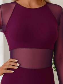 SHEIN Swim 女士纯色圆领插肩袖修身网纱拼接连体泳衣，网纱拼接连体泳衣，长袖连体泳衣，酒红色性感连体泳衣，酒红色网纱连体泳衣，紫色网纱连体泳衣，长袖泳装，女士带袖泳衣 - 酒紅色 - 查看 5