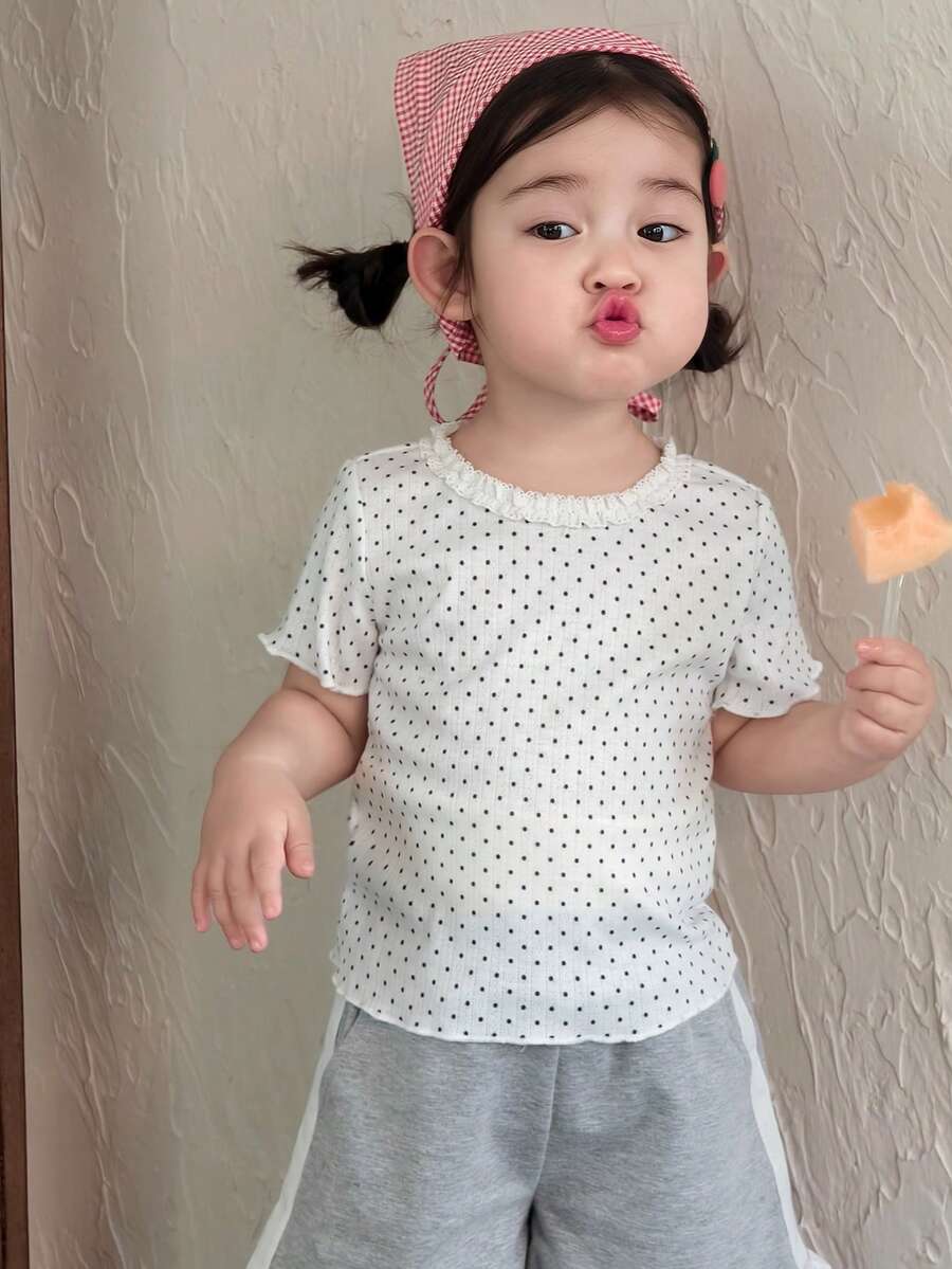 Dazy Kids Blusa de manga larga con estampado de lunares y volantes en el bajo para niñas pequeñas/bebés, estilo coreano, primavera/verano - Blanco - Ver 1