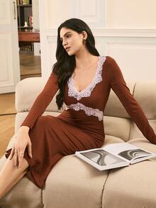 Moireta Comfortable Knitted Ribbed Contrast Lace Trim, Mature French Elegant Romantic Long Sleeve Mermaid Maxi Nightgown For Women - Coffee Brown - View 6