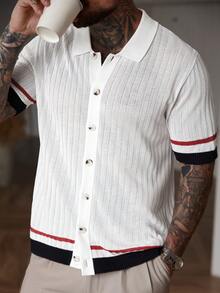 Manfinity Homme 男士撞色条纹前开襟短袖针织衫，男士夏季衬衫，2026男士钩针衬衫，男士休闲装，男士春夏衬衫，条纹针织衬衫。男士撞色滚边前开襟休闲短袖针织衫，短袖条纹针织开衫，男士夏季休闲短袖针织衫，复古风格，非常适合情侣穿着，也是送给男友或丈夫的绝佳礼物。男士网眼衬衫，男士钩针衬衫，男士街头风衬衫，男士针织衬衫，男士复古衬衫。 - 彩色 - 查看 4