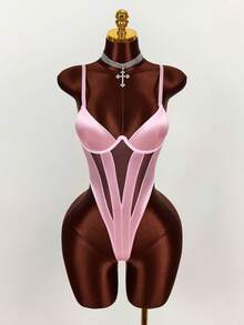 Amplova Áo liền thân hai dây phối lưới gợi cảm dành cho nữ, thích hợp cho mùa hè. - Hồng - Xem 8