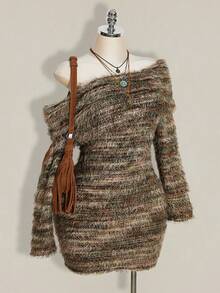SHEIN ICON Plus Size Knit Dress, Warm Winter Dress, Striped Sweater Asymmetrical Shoulder Dress - Multicolor - View 7