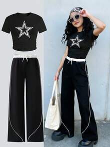 2pcs/Set Star Print Girls Tween Black Tight Fitting Top And Pants Set, Short Sleeve Top, Casual & Comfortable, Suitable For All Seasons, Fashion & Versatile