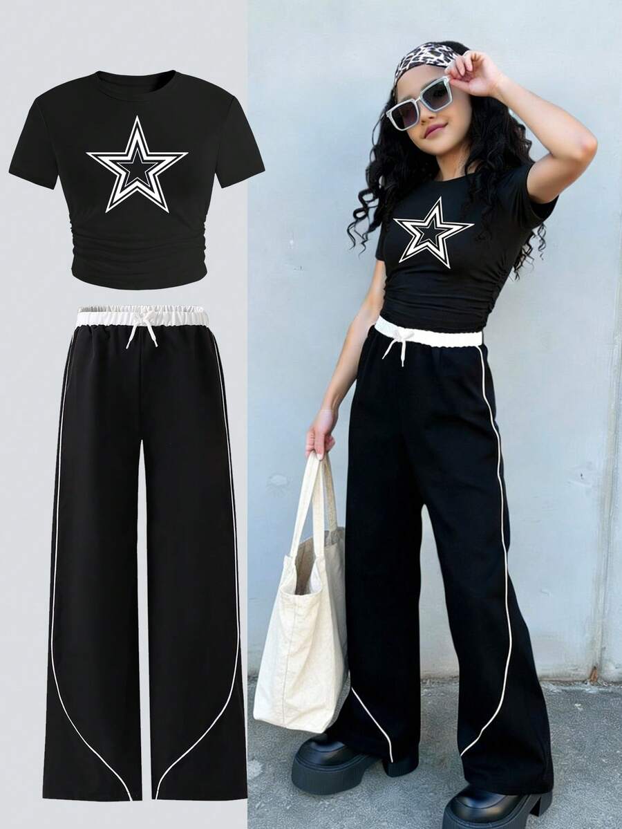 2pcs/Set Star Print Girls Tween Black Tight Fitting Top And Pants Set, Short Sleeve Top, Casual & Comfortable, Suitable For All Seasons, Fashion & Versatile