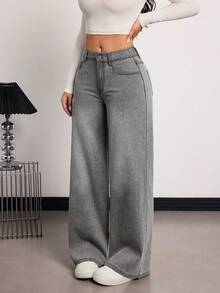SHEIN Tall Jeans rectos de tela vaquera lavada gris, cómodos, de pierna ancha y bolsillos, versátiles para mujer en verano y primavera