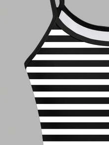 女童黑白条纹印花长款背心，百搭叠穿单品，适合夏季，衣橱必备单品 - 黑與白 - 查看 4