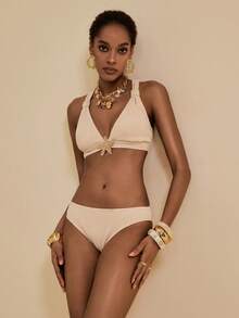 Vesra Women's Summer Vacation Halter Apricot Textured Fabric Bikini 3 PiecesSwimsuit Set, Beach Outfit - Apricot - View 3