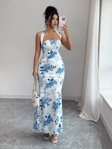 Elenzga Women's Floral Print Halter Neck Ruffle Dress, Summer - Blue and White - View 1