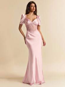 SHEIN BAE Spring/Summer Sexy Deep V-Neck Halter Waist Lace Hollow Splice Fishtail Satin Short Sleeve Maxi Dress, Suitable For Cocktail Party, Romantic Date, Party, Formal Gathering, Bridesmaid Dress, Evening Dress, Brunch Dress, Valentine's Day, Tea Party, Lace Dress - Pink - View 4