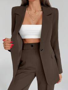 EURMUSE Bộ quần áo hai mảnh màu trơn dành cho nữ, gồm áo blazer và quần dài. - Cà phê nâu - Xem 3