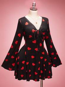 SHEIN ICON 大码女式心形图案V领喇叭袖前系带连衣裙 - 彩色 - 查看 6