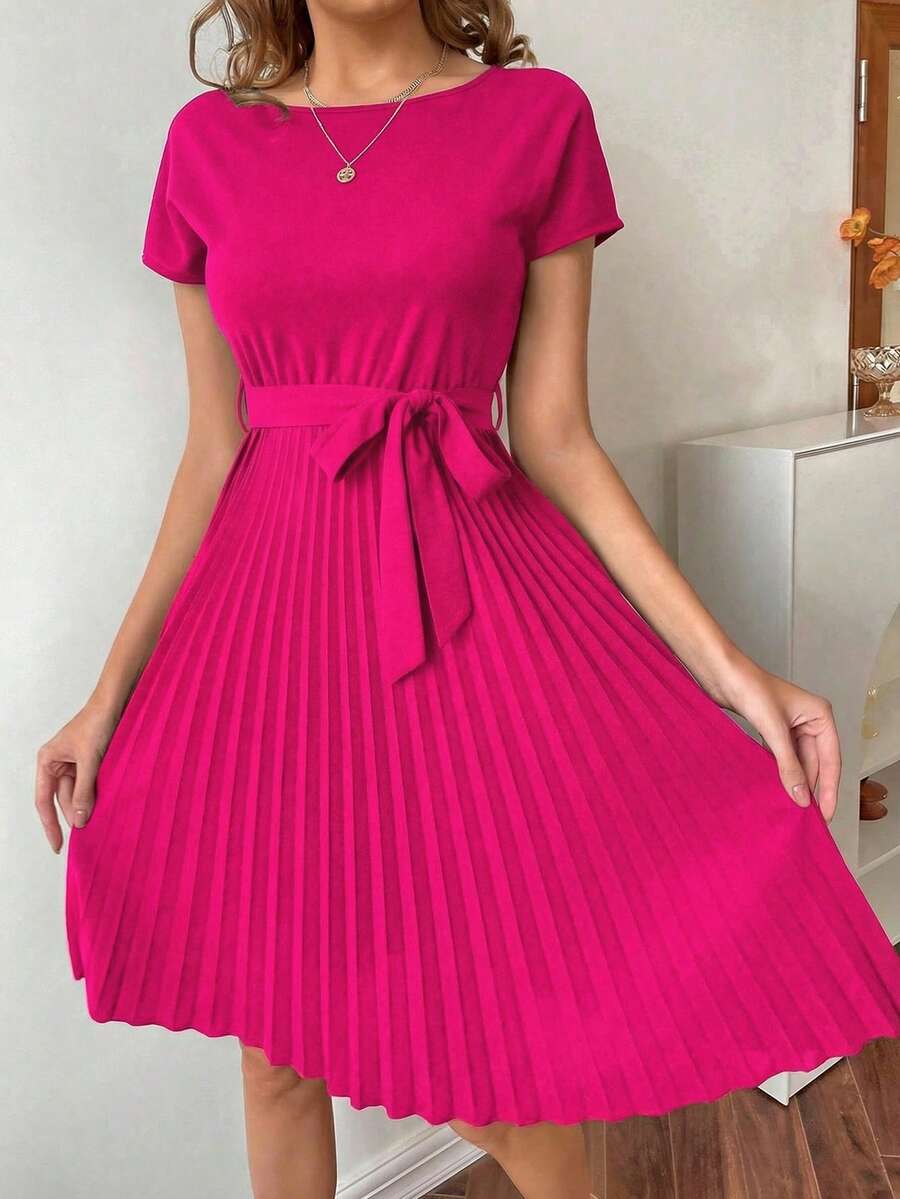 Calvaya Pleated Hem Self Belted Dress Burgundy Color Women Outfit - Hot Pink - View 1