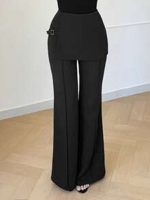 Modelyn Pantalon évasé 2 en 1 élégant pour le travail et les déplacements, de couleur unie simple et polyvalent avec boutons pour femmes - Noir - Voir 5