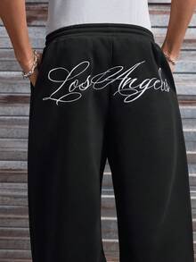 AXEPEAK 男士字母印花抽绳腰带口袋阔腿宽松运动裤 - 黑色 - 查看 5