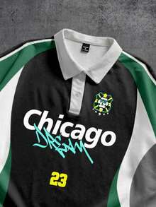 Manfinity ZONE917 宽松短款学院风运动足球芝加哥撞色Polo衫，版型宽松，适合约会和聚会，送给男朋友的绝佳礼物 - 彩色 - 查看 4