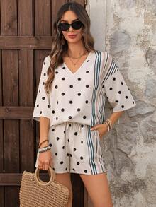 EMERY ROSE 女士度假休闲波点印花拼接条纹衬衫短裤两件套，休闲女装，夏季度假套装，度假套装，女士两件套短裤套装，女士短裤套装，两件套家居服，夏季家居服，舒适两件套短裤套装，女士度假套装，女士海滩度假套装，女士海滩套装，沙滩装，沙滩罩衫套装，女士夏季套装，女士海滩度假套装，女士外出套装，夏季度假套装，女士休闲套装 - 彩色 - 查看 7