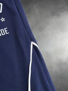 STYNVO 男士二合一长袖圆领T恤和长裤套装，撞色滚边，字母印花设计 - 寶藍色 - 查看 6