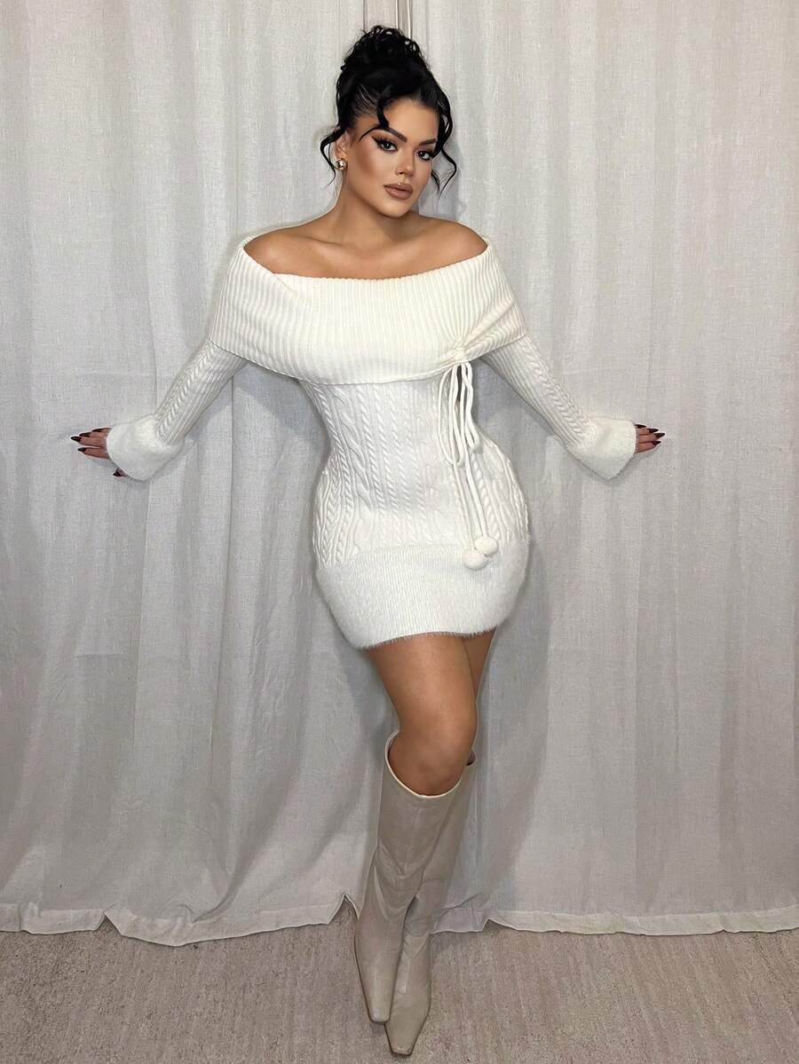 Dayanna Comas 露肩毛绒球吊坠装饰女式 Himekaji 毛衣派对礼服，适合新年、情人节 - 米色 - 查看 1