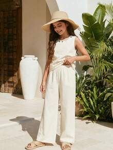 Sparklyn 少女休闲蕾丝边无袖上衣带口袋和直筒裤度假套装 - 白色 - 查看 13