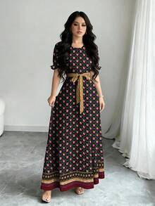 Modelyn Đầm nữ họa tiết hoa và hoa văn retro, cổ tròn, tay ngắn, dáng ôm eo, thích hợp cho mùa xuân/hè. - Nhiều màu - Xem 3