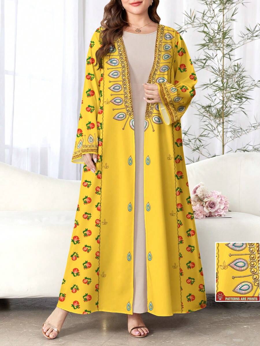 SHEIN Najma 大码女式花卉植物仿刺绣印花黄色休闲长袖阿巴雅开衫外套，春秋季 - 彩色 - 查看 1