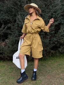 Livesso Women's Loose Casual Fashion Design Large Pocket Decor Lightweight Outdoor Street Tie-Up Drawstring Waist Turndown Collar Shirt Style Short Sleeve Cropped Jumpsuit, Spring/Summer Romper Lounge Sets For Women - Mustard Yellow - View 2