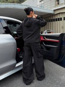 Muchica 女士黑色梭织长袖拉链连帽外套和裤子套装 - 黑色 - 查看 3