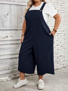 SHEIN CURVE+ Overall Hitam Wanita Ukuran Besar dengan Tali Bahu yang Dapat Diatur, Penutup Kancing, dan Saku di Bagian Kaki yang Terbelah untuk Musim Semi - Navy Blue - View 6