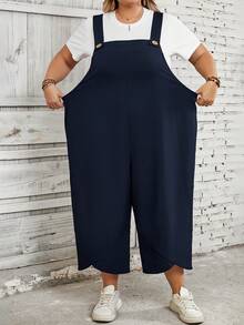SHEIN CURVE+ Overall Hitam Wanita Ukuran Besar dengan Tali Bahu yang Dapat Diatur, Penutup Kancing, dan Saku di Bagian Kaki yang Terbelah untuk Musim Semi - Navy Blue - View 7